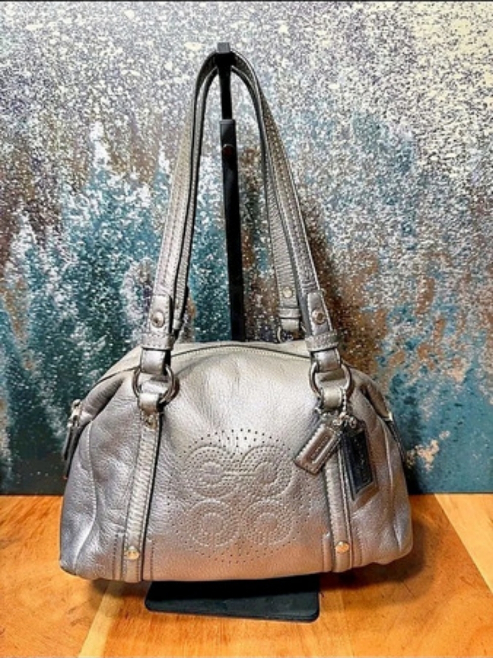 Coach Ashley Metallic Silver Perforated Leather Satchel